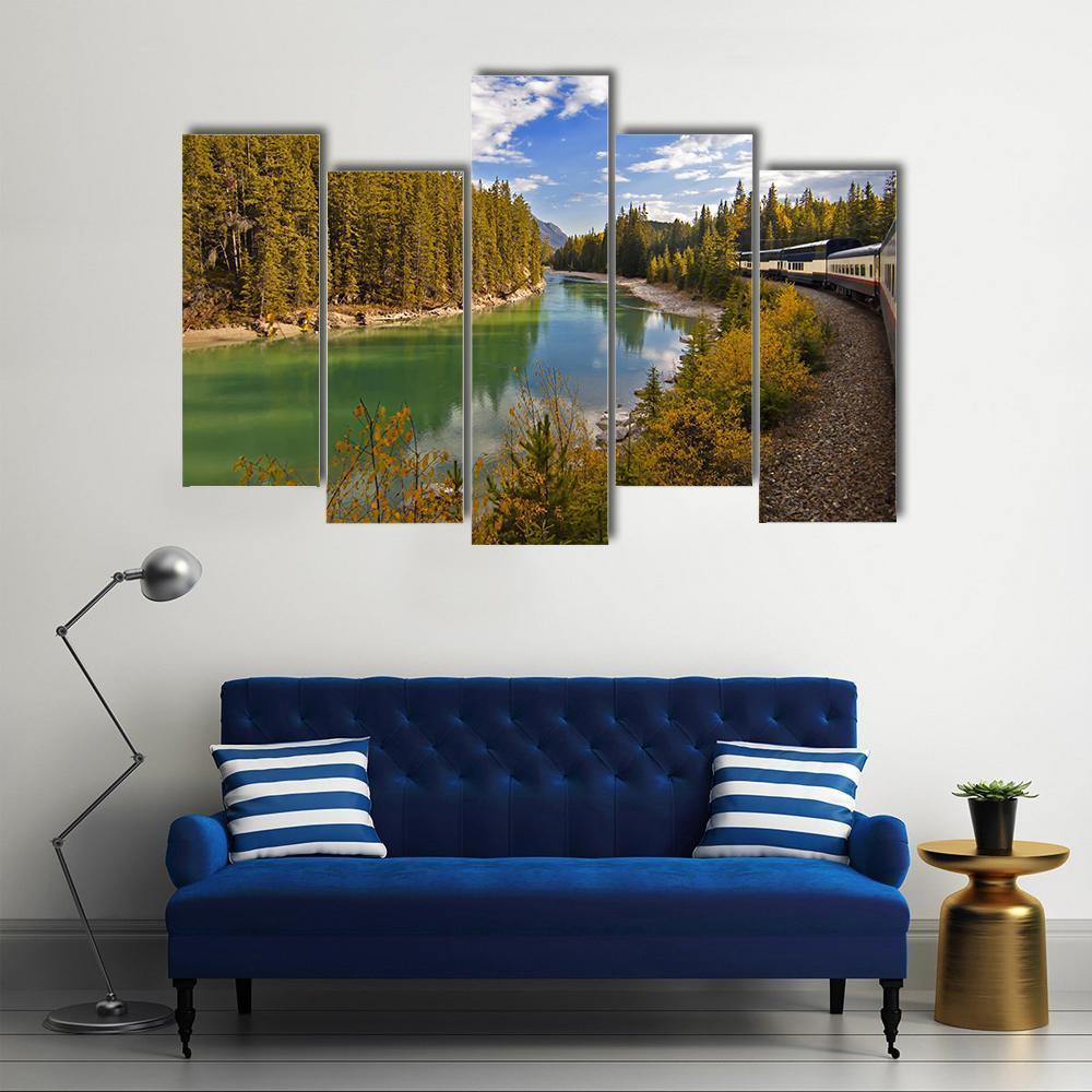 Train Journey Through The Rocky Mountains Lake Canvas Wall Art-5 Pop-Gallery Wrap-47" x 32"-Tiaracle