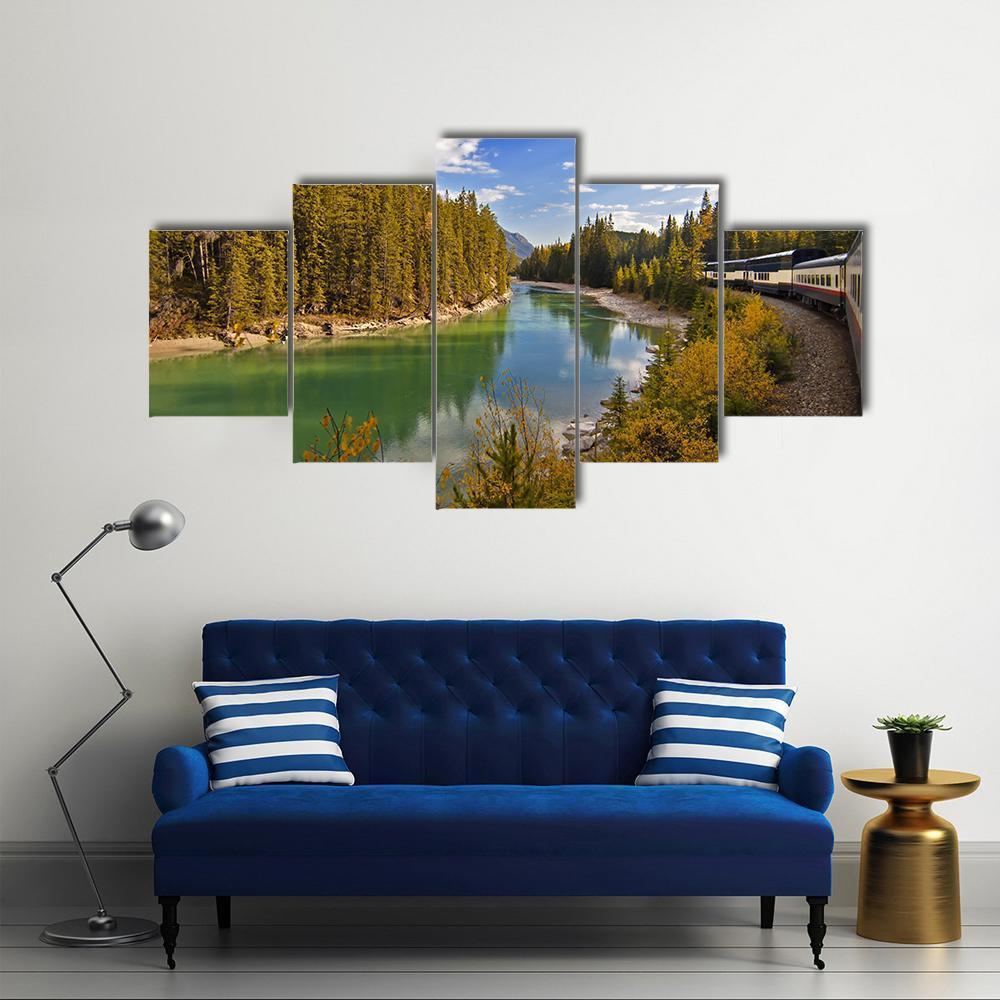 Train Journey Through The Rocky Mountains Lake Canvas Wall Art-5 Star-Gallery Wrap-62" x 32"-Tiaracle