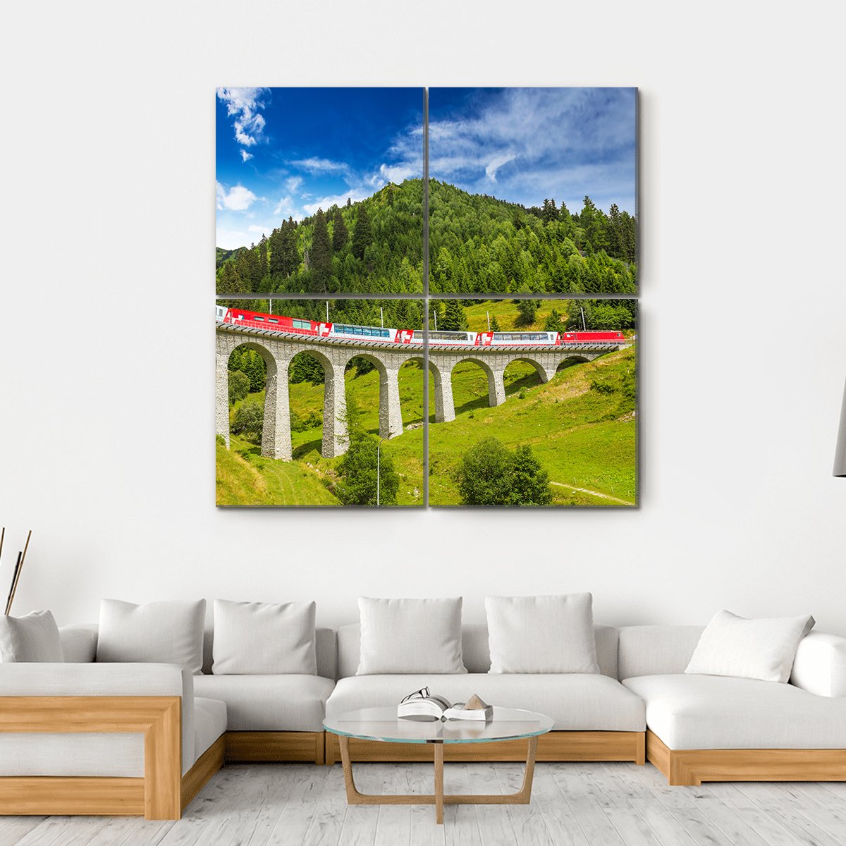 Train On Famous Landwasser Viaduct Bridge Canvas Wall Art-4 Square-Gallery Wrap-17" x 17"-Tiaracle