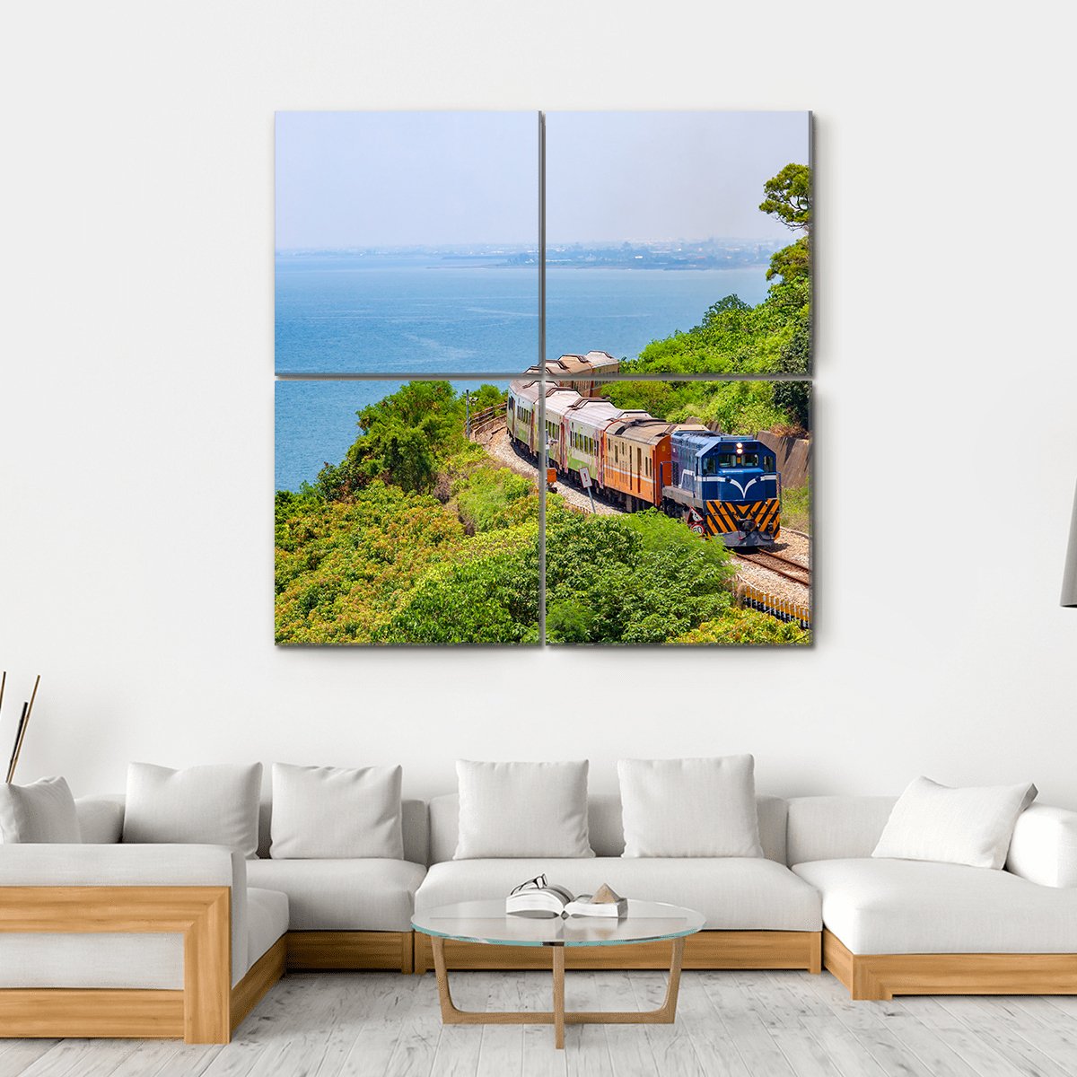 Train On The Railway Near Fangshan Station In Pingtung Taiwan Canvas Wall Art-4 Square-Gallery Wrap-17" x 17"-Tiaracle