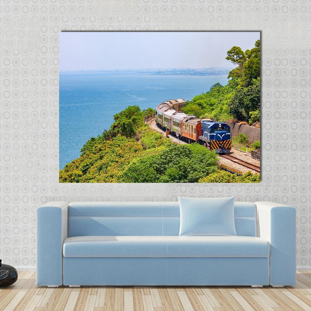 Train on the Railway Near Fangshan Station Canvas Wall Art in green and blue, single panel hung on a wall