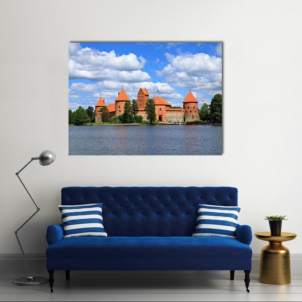 Trakai Island Castle in Lithuania Canvas Wall Art in white, orange and blue, single panel hung on a wall