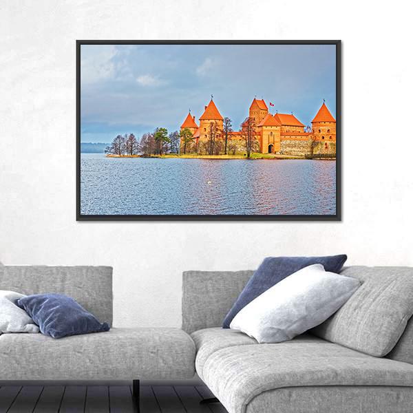 Trakai Island Castle at Galve Lake Canvas Wall Art in gray, orange and blue, framed canvas, product view on a white background
