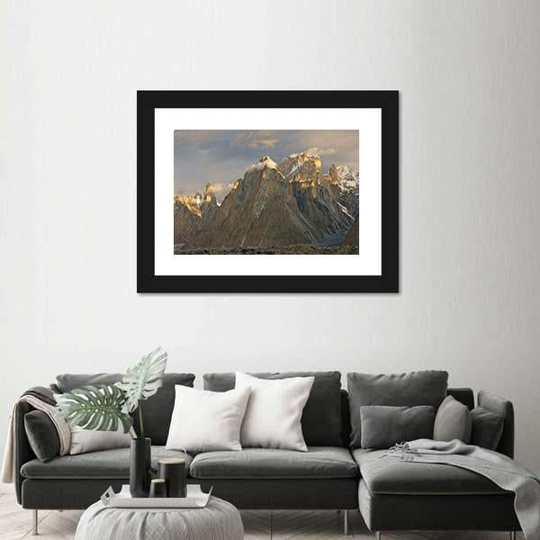 Trango Towers In Evening Sunshine Canvas Wall Art-1 Piece-Framed Print-20" x 16"-Tiaracle
