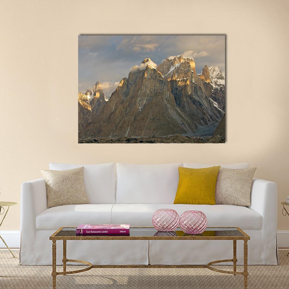 Trango Towers in Evening Light Canvas Wall Art in gray, brown and gold, single panel hung on a wall
