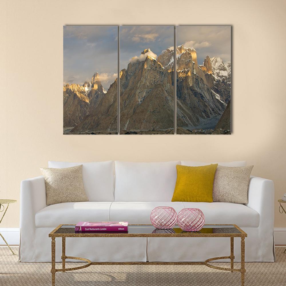 Trango Towers In Evening Sunshine Canvas Wall Art-3 Horizontal-Gallery Wrap-37" x 24"-Tiaracle