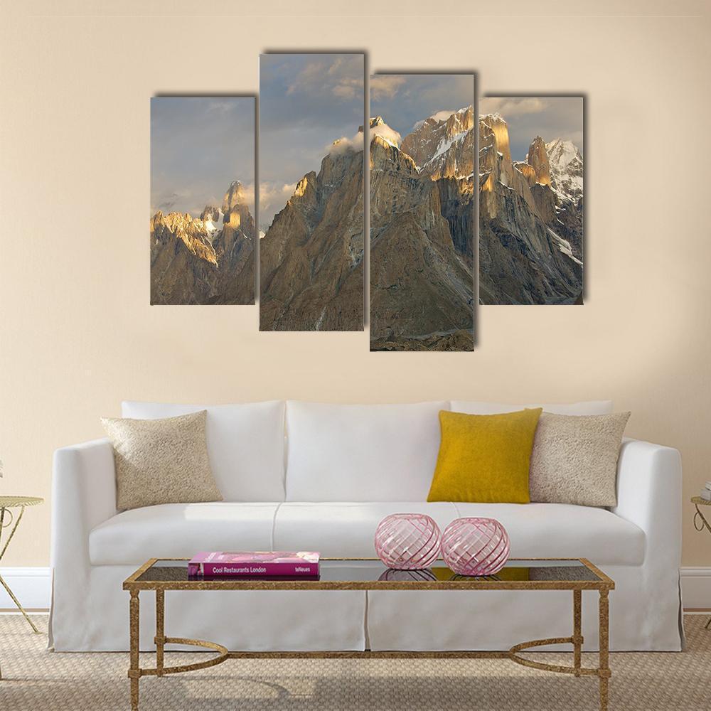 Trango Towers In Evening Sunshine Canvas Wall Art-4 Pop-Gallery Wrap-50" x 32"-Tiaracle