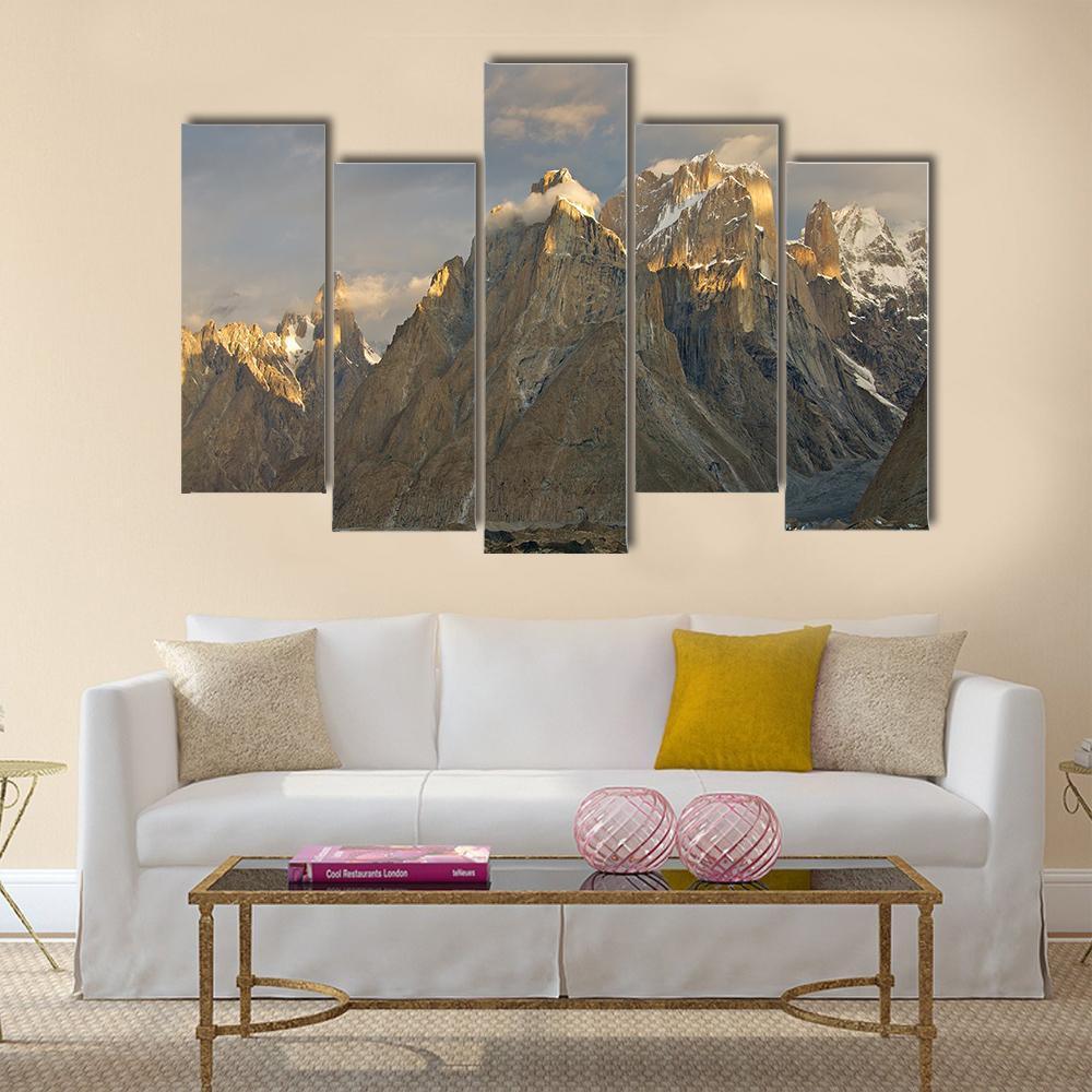 Trango Towers In Evening Sunshine Canvas Wall Art-5 Pop-Gallery Wrap-47" x 32"-Tiaracle