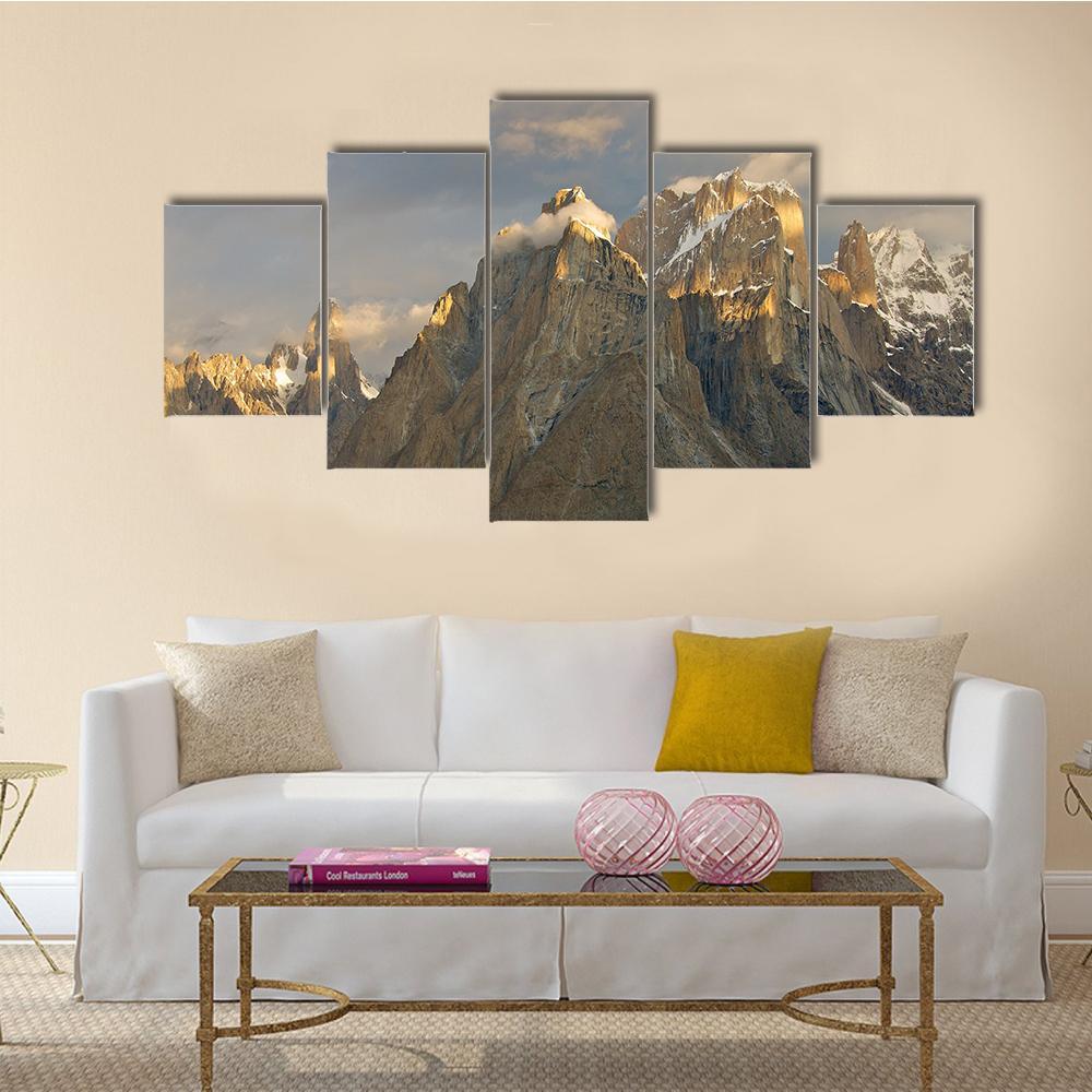 Trango Towers In Evening Sunshine Canvas Wall Art-5 Star-Gallery Wrap-62" x 32"-Tiaracle