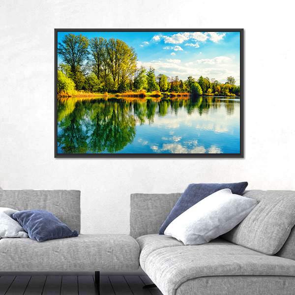 Tranquil Landscape At A Lake Canvas Wall Art-1 Piece-Floating Frame-24" x 16"-Tiaracle