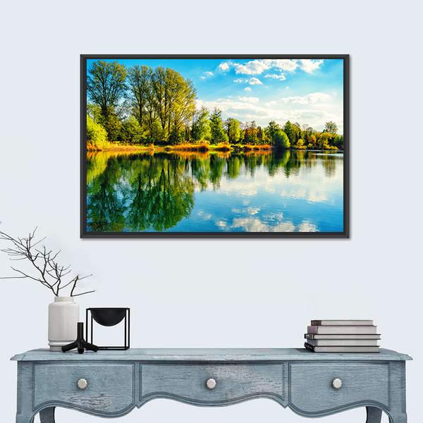 Tranquil Landscape At A Lake Canvas Wall Art-3 Horizontal-Gallery Wrap-25" x 16"-Tiaracle