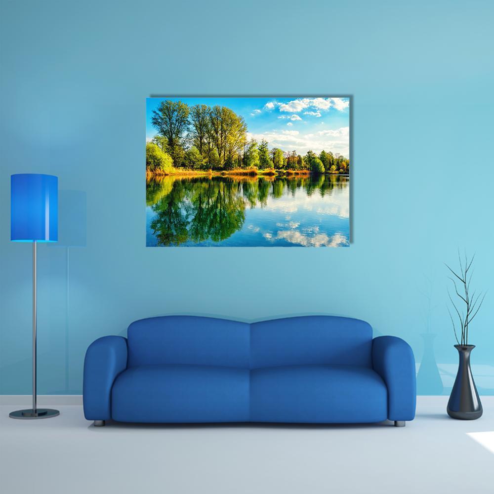 Tranquil Landscape At A Lake Canvas Wall Art-1 Piece-Gallery Wrap-48" x 32"-Tiaracle