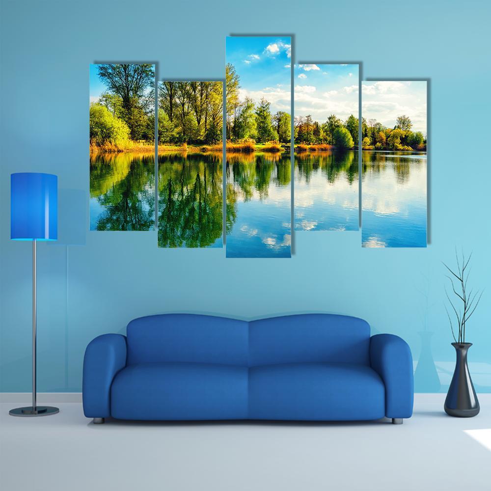 Tranquil Landscape At A Lake Canvas Wall Art-5 Pop-Gallery Wrap-47" x 32"-Tiaracle