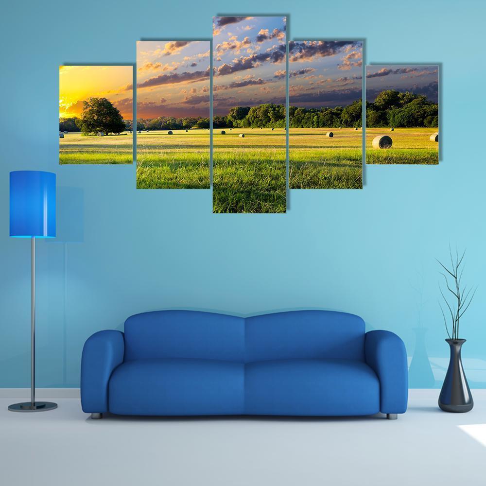 Tranquil Texas Meadow At Sunrise Canvas Wall Art-5 Star-Gallery Wrap-62" x 32"-Tiaracle