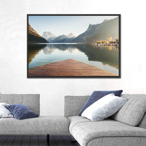 Traunsee Lake In Alps Mountains Canvas Wall Art-1 Piece-Floating Frame-24" x 16"-Tiaracle
