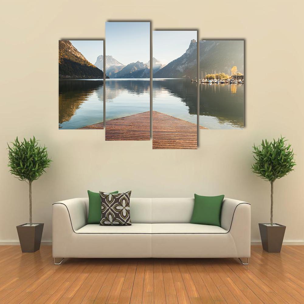 Traunsee Lake In Alps Mountains Canvas Wall Art-4 Pop-Gallery Wrap-50" x 32"-Tiaracle