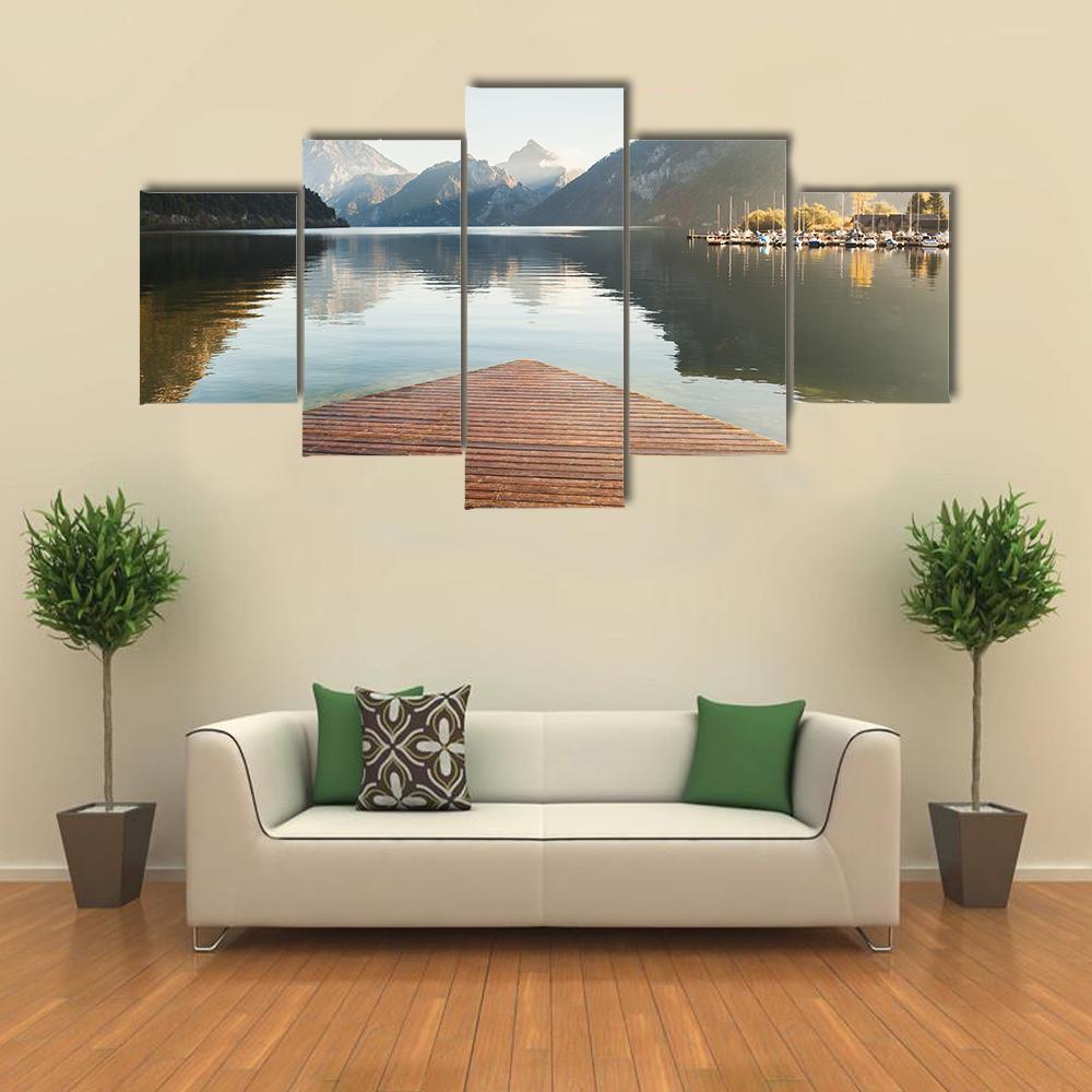 Traunsee Lake In Alps Mountains Canvas Wall Art-5 Star-Gallery Wrap-62" x 32"-Tiaracle