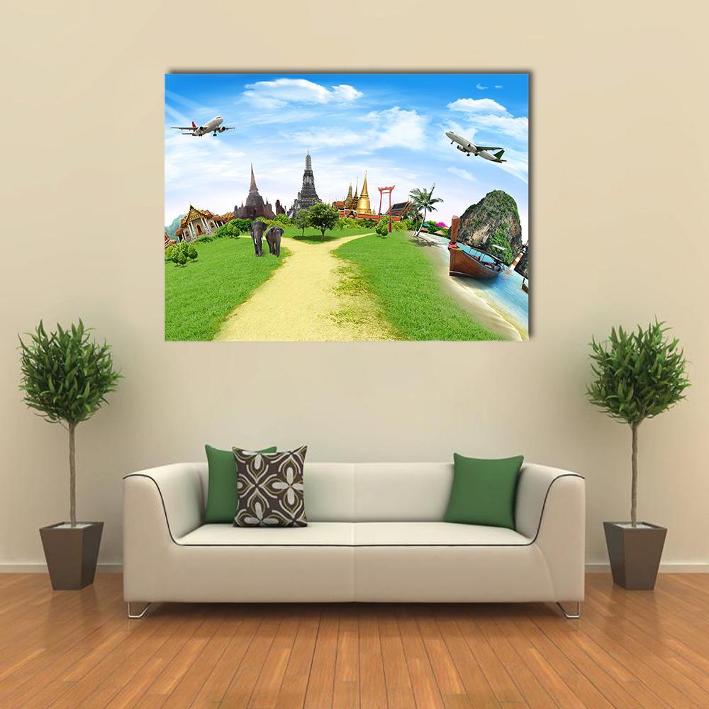 Thailand Travel Collage Canvas Wall Art in yellow, green and blue, single panel hung on a wall
