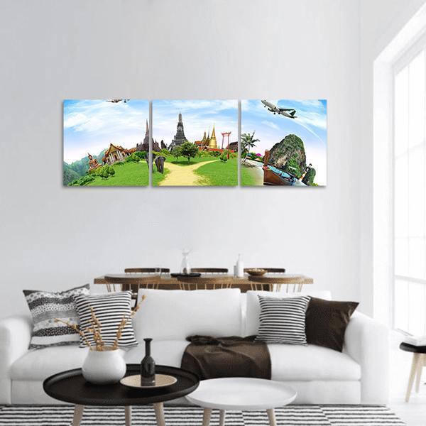 Thailand Travel Mini-world Collage with Temples and Elephants Panoramic Canvas Wall Art in white, green and blue, hung on a wall