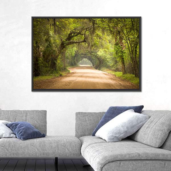 Edisto Island Spanish Moss Forest Canvas Wall Art in beige, brown and green, framed canvas, product view on a white background