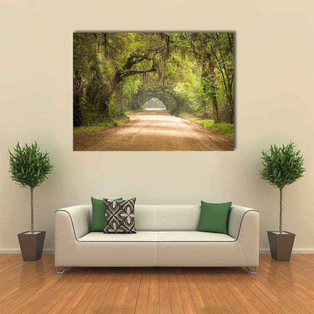 Edisto Island Spanish Moss Forest Canvas Wall Art in beige, brown and green, single panel hung on a wall