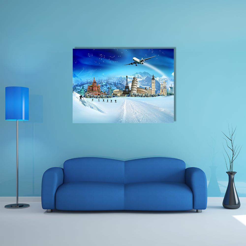 Winter Travel Landmarks Collage Canvas Wall Art in white and blue, single panel hung on a wall