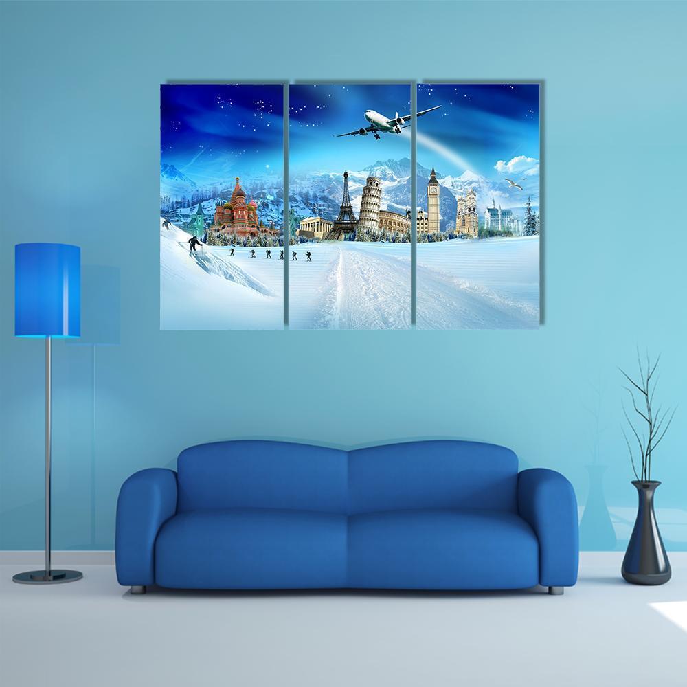 Travel In Winter Season Canvas Wall Art-3 Horizontal-Gallery Wrap-37" x 24"-Tiaracle