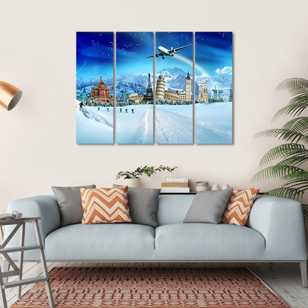 Travel In Winter Season Canvas Wall Art-4 Horizontal-Gallery Wrap-34&quot; x 24&quot;-Tiaracle