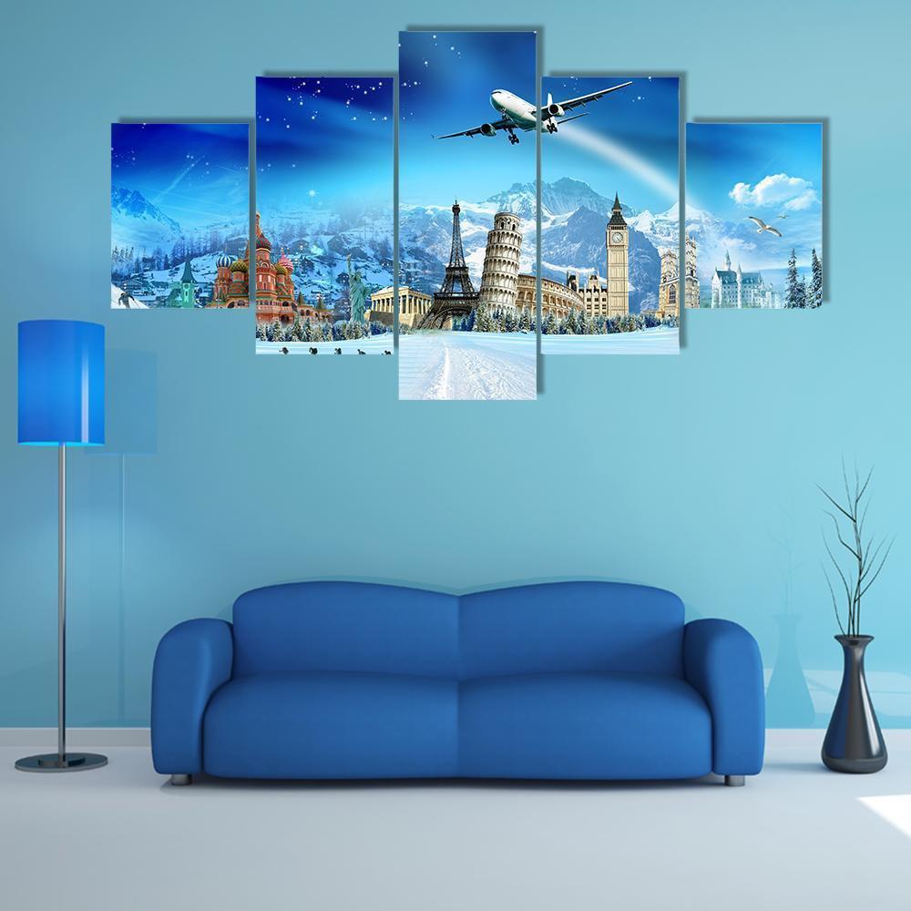Travel In Winter Season Canvas Wall Art-5 Star-Gallery Wrap-62" x 32"-Tiaracle