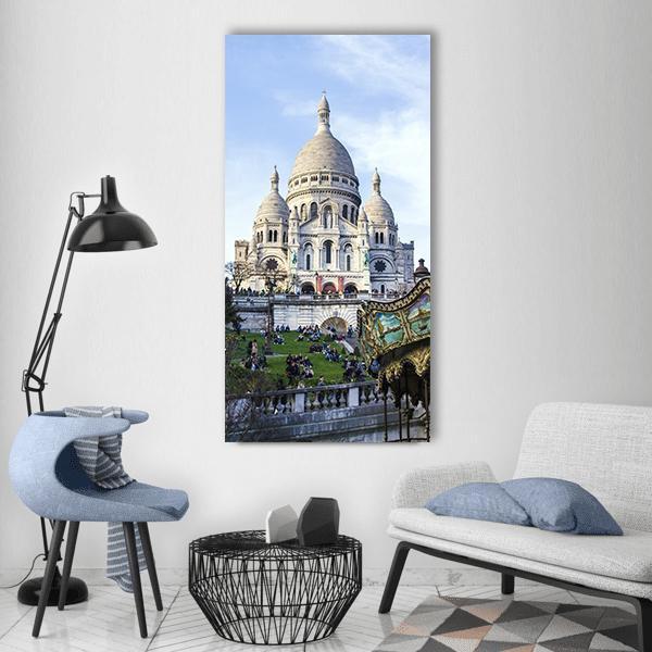 Sacré-cœur Basilica, Paris Vertical Canvas Wall Art in white, gray and blue, hung on a wall