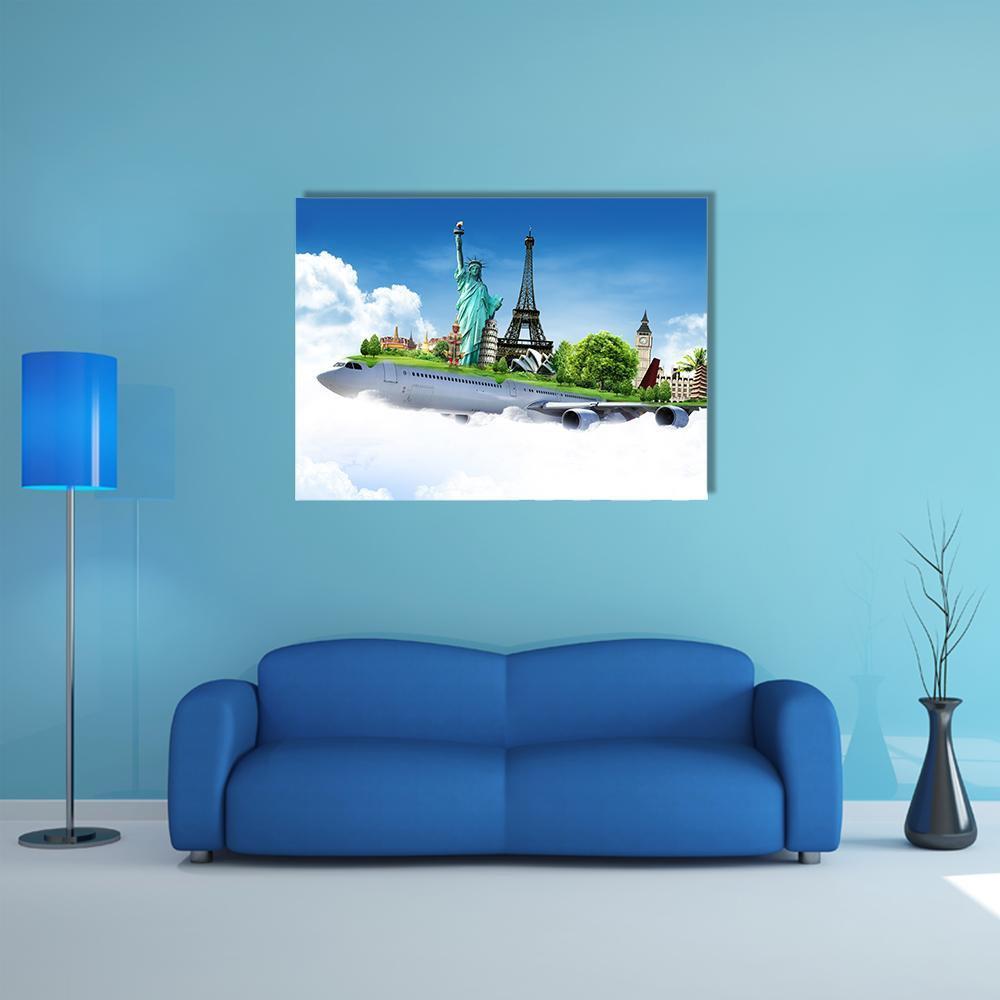 Travel The World By Airplane Canvas Wall Art-1 Piece-Gallery Wrap-48" x 32"-Tiaracle
