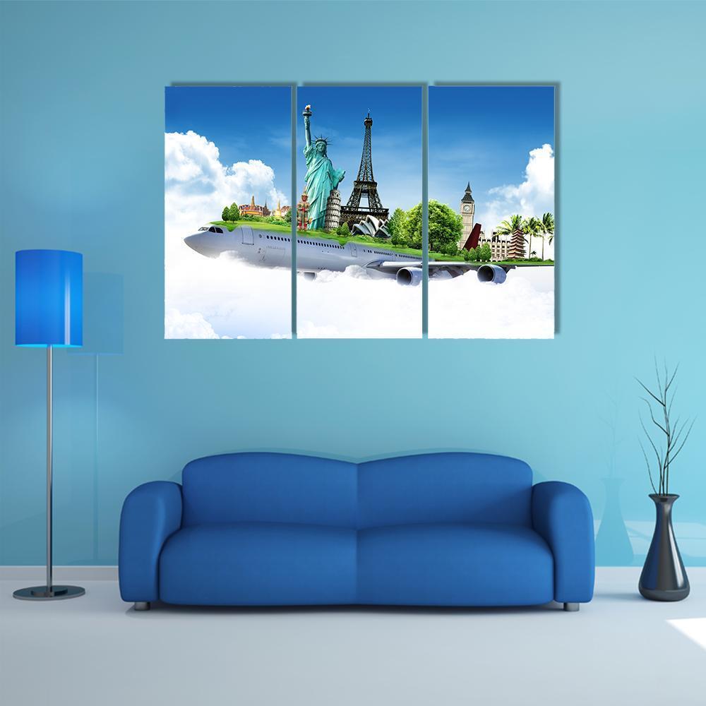 Travel The World By Airplane Canvas Wall Art-3 Horizontal-Gallery Wrap-37" x 24"-Tiaracle