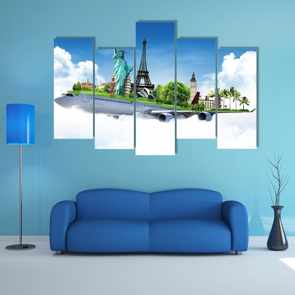 Travel The World By Airplane Canvas Wall Art-5 Pop-Gallery Wrap-47" x 32"-Tiaracle