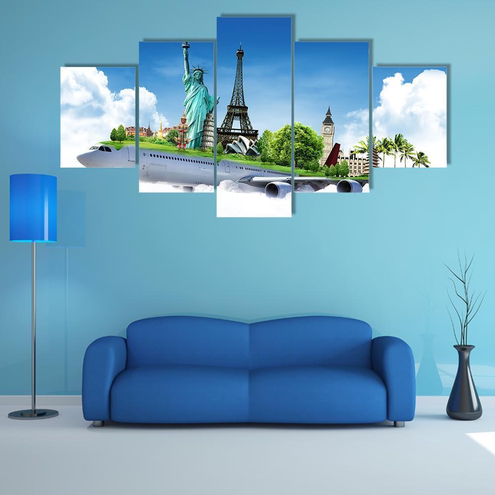 Travel The World By Airplane Canvas Wall Art-5 Star-Gallery Wrap-62" x 32"-Tiaracle