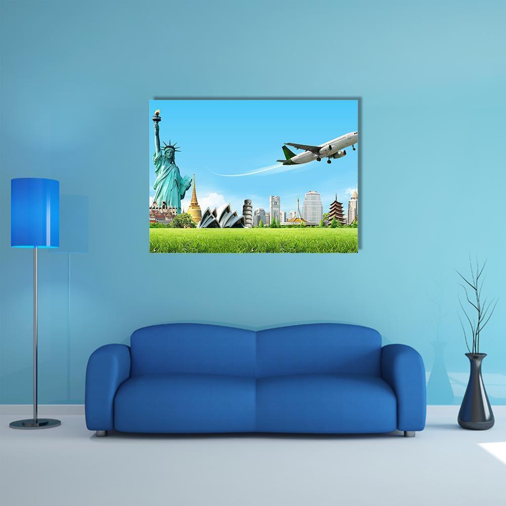 Travel the World Landmarks Montage Canvas Wall Art in white, green and blue, single panel hung on a wall