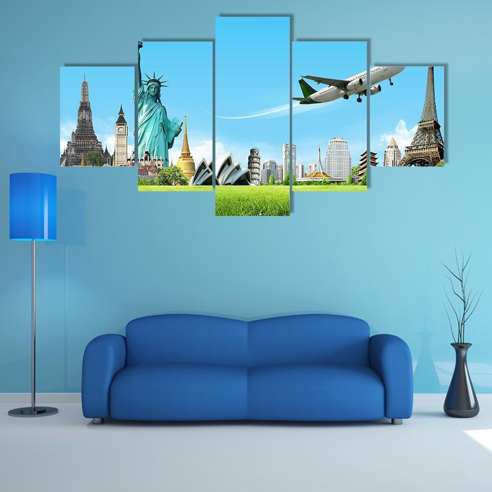 Travel The World Concept Canvas Wall Art-5 Star-Gallery Wrap-62" x 32"-Tiaracle