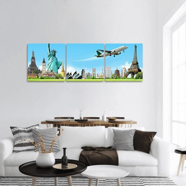 Travel The World Concept Panoramic Canvas Wall Art-3 Piece-25" x 08"-Tiaracle