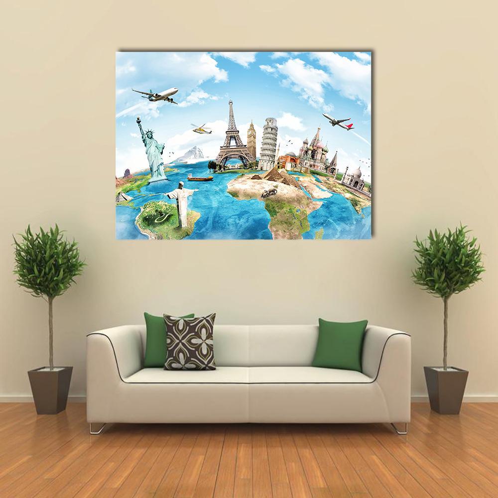 Travel The World Monument Concept Canvas Wall Art-1 Piece-Gallery Wrap-36" x 24"-Tiaracle