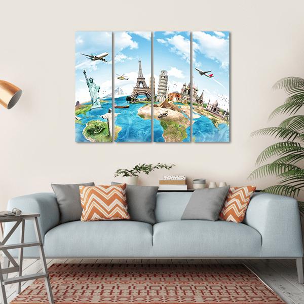 Travel The World Monument Concept Canvas Wall Art-4 Horizontal-Gallery Wrap-34" x 24"-Tiaracle