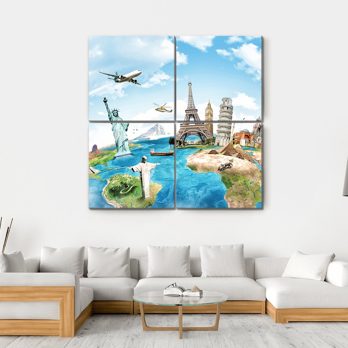 Travel The World Monument Concept Canvas Wall Art-4 Square-Gallery Wrap-17" x 17"-Tiaracle