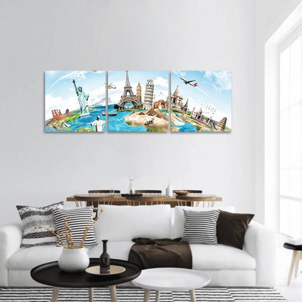 World Landmarks Collage Panoramic Canvas Wall Art in white, blue and multicolor, hung on a wall