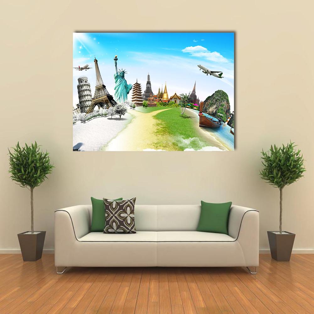 Travel The World Monument Canvas Wall Art-4 Horizontal-Gallery Wrap-34" x 24"-Tiaracle