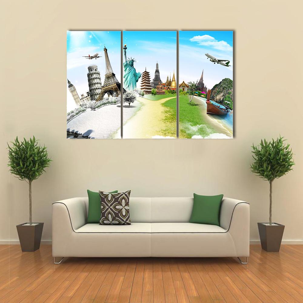 World Monuments Montage Canvas Wall Art in white, green and blue, single panel hung on a wall