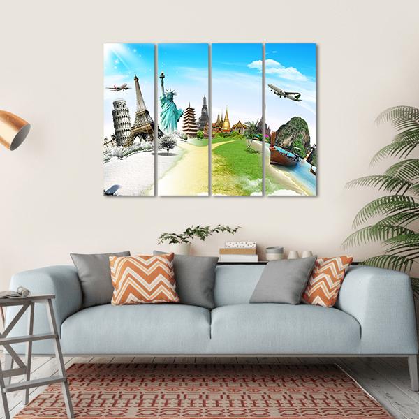 Travel The World Monument Canvas Wall Art-4 Horizontal-Gallery Wrap-34" x 24"-Tiaracle