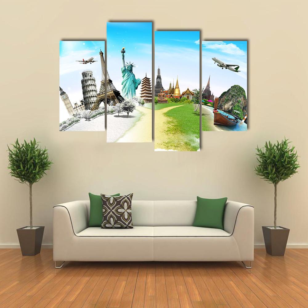 World Monuments Montage Canvas Wall Art in white, green and blue, single panel hung on a wall