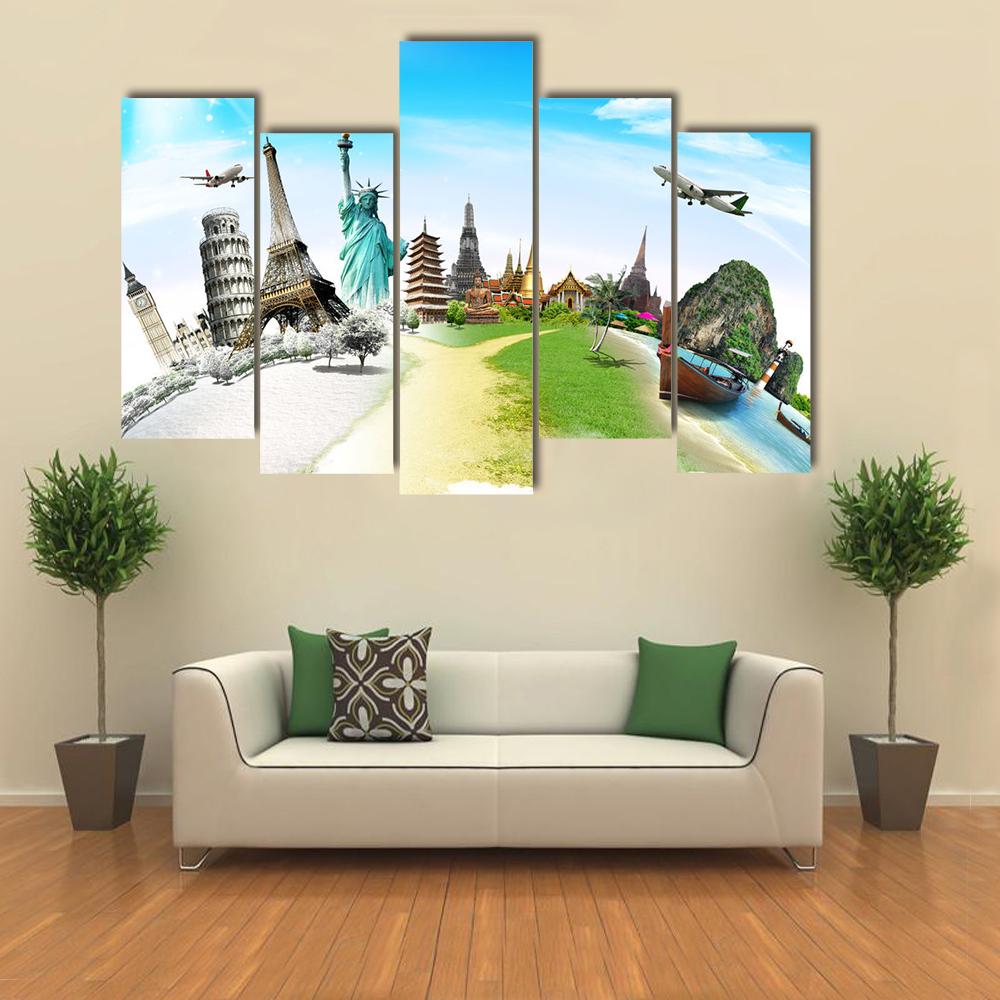 World Monuments Montage Canvas Wall Art in white, green and blue, single panel hung on a wall