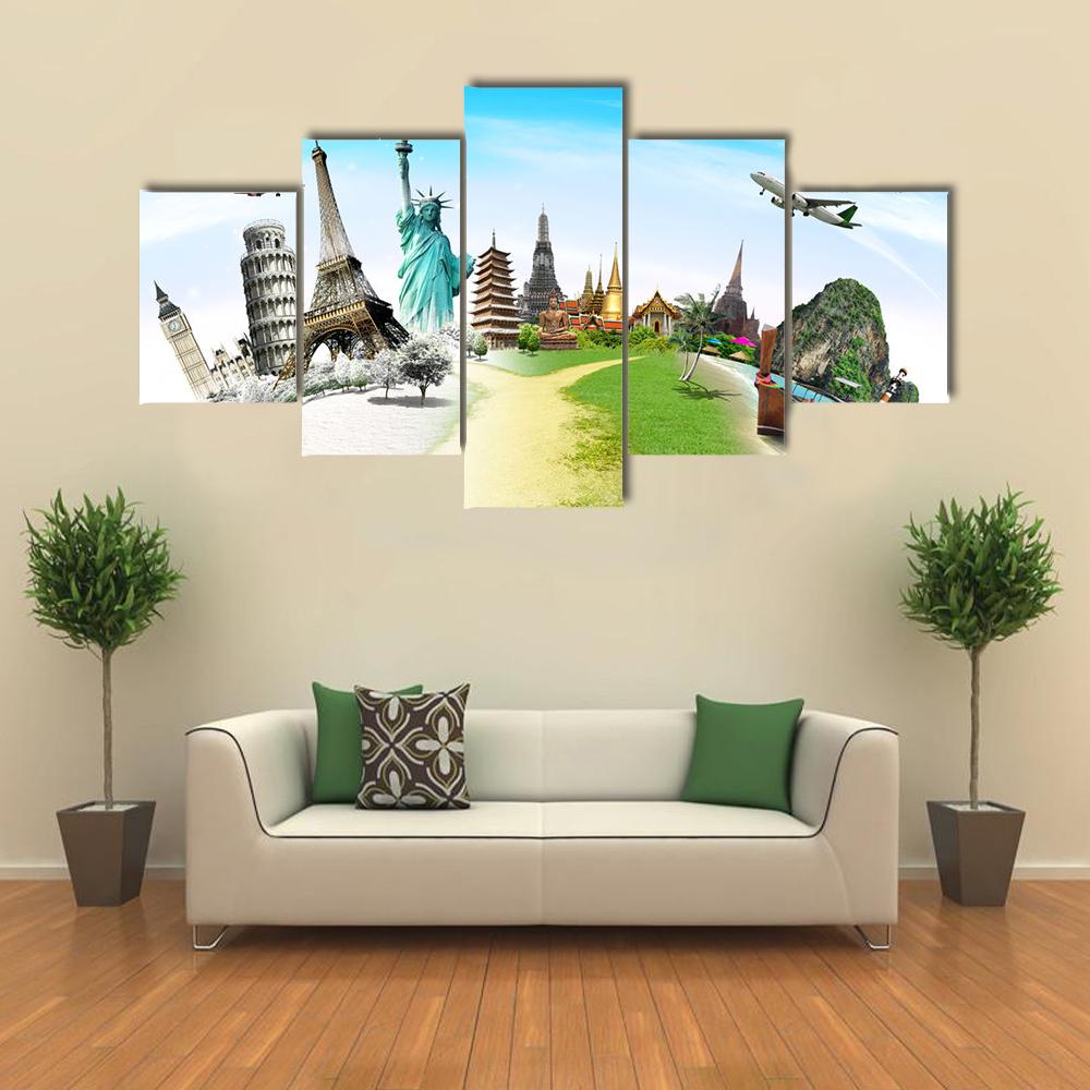World Monuments Montage Canvas Wall Art in white, green and blue, single panel hung on a wall
