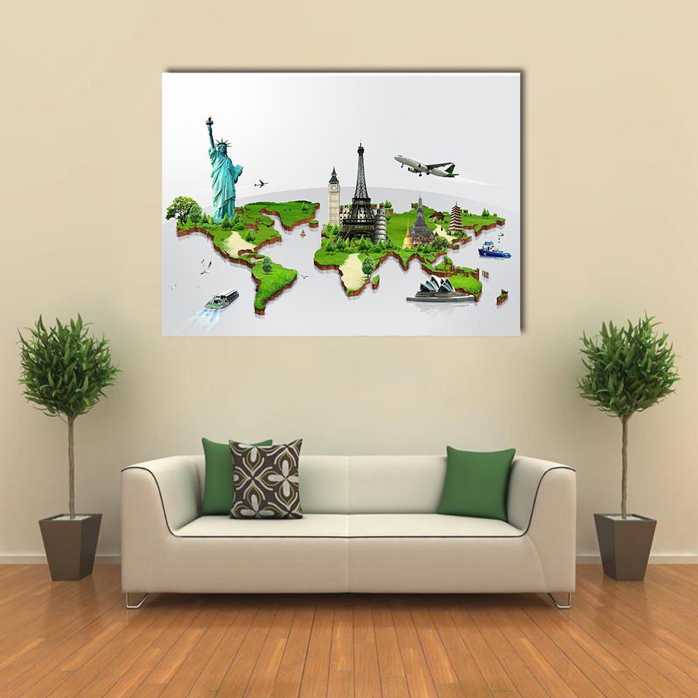 Travel The World Monuments Concept Canvas Wall Art-1 Piece-Gallery Wrap-48" x 32"-Tiaracle