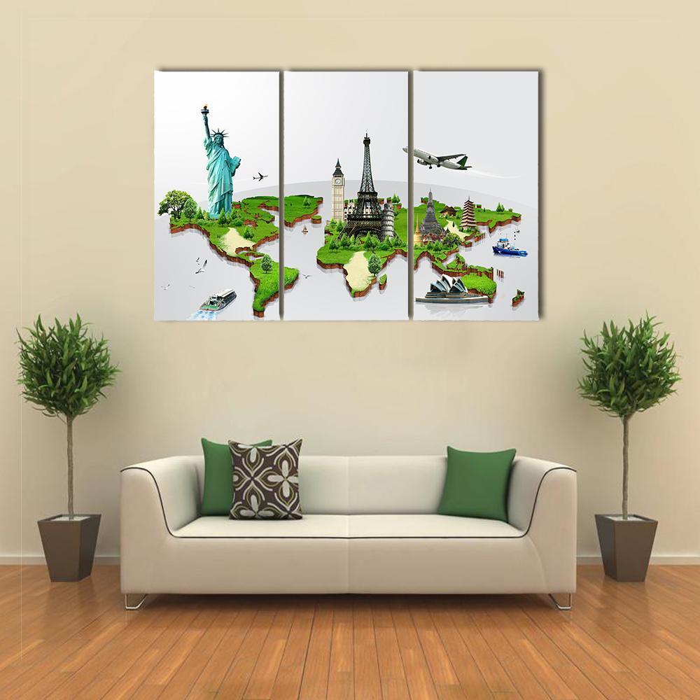 Travel The World Monuments Concept Canvas Wall Art-3 Horizontal-Gallery Wrap-37" x 24"-Tiaracle