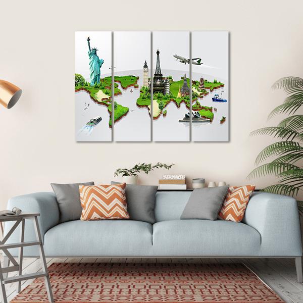 Travel The World Monuments Concept Canvas Wall Art-4 Horizontal-Gallery Wrap-34" x 24"-Tiaracle
